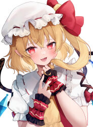 1girl blonde_hair blush collared_shirt crystal fang flandre_scarlet frilled_shirt_collar frills hair_between_eyes hat highres long_hair mob_cap open_mouth red_eyes red_vest shirt short_sleeves side_ponytail simple_background skin_fang smile solo touhou upper_body usushio vest white_background white_hat white_shirt wings wrist_cuffs