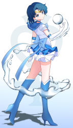 Rule 34 | 1girl, absurdres, back bow, bishoujo senshi sailor moon, blue choker, blue eyes, blue hair, blue sailor collar, blue skirt, boots, bow, choker, earrings, elbow gloves, from behind, gloves, high heels, highres, jewelry, light smile, looking at viewer, looking back, mercury symbol, mizuno ami, rogomarebuteki, sailor collar, sailor mercury, sailor senshi uniform, short hair, skirt, solo, tiara, water, water orb, white gloves