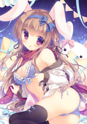 Rule 34 | 1girl, :p, animal ears, arm support, ass, black thighhighs, blue bow, blue bra, blue panties, blush, bow, bow bra, bra, braid, breasts, brown hair, cameltoe, cleavage, coat, eyes visible through hair, frilled bra, frills, fringe trim, fur-trimmed coat, fur trim, gem, hair ribbon, hairband, head tilt, jacket, long sleeves, looking at viewer, lying, navel, no pants, on side, open clothes, open coat, original, panties, pearl (gemstone), pennant, pillow, plaid, plaid scarf, polka dot, polka dot bra, polka dot panties, purple eyes, rabbit ears, rabbit tail, red scarf, ribbon, scarf, side-tie panties, smile, solo, star (symbol), stomach, streamers, string of flags, stuffed animal, stuffed rabbit, stuffed toy, tail, thighhighs, tongue, tongue out, twin braids, underwear, undressing, yukie (peach candy)