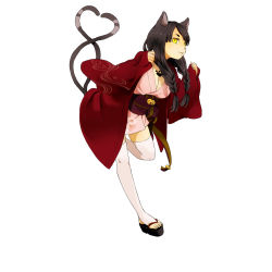 Rule 34 | 1girl, animal ears, bell, braid, breasts, cat ears, cat tail, cleavage, full body, hair over shoulder, heart, heart tail, highres, leg lift, long sleeves, multiple tails, nekomata (youkai hyakki-tan!), obi, official art, platform footwear, sash, simple background, sleeves past wrists, solo, tail, tattoo, thighhighs, toeless legwear, toes, twin braids, white background, white thighhighs, yellow eyes, youkai hyakki-tan!