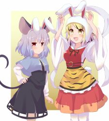 Rule 34 | 2girls, animal ears, animal hood, animal print, black hair, black ribbon, blonde hair, blush, breasts, chinese zodiac, closed mouth, commentary request, crystal, dress, expressionless, fake animal ears, feet out of frame, frilled skirt, frills, grey hair, grey skirt, grey vest, hand on own hip, highres, hood, jewelry, layered clothes, long sleeves, looking at viewer, medium breasts, mouse ears, mouse girl, mouse tail, multicolored hair, multiple girls, nazrin, neck ribbon, o-ring, open mouth, pendant, print skirt, rabbit, rabbit hood, red dress, red eyes, ribbon, shirt, short hair, skirt, skirt set, sleeveless, sleeveless dress, small breasts, smile, streaked hair, tail, tiger print, toramaru shou, touhou, two-tone hair, utakata (azaka00), vest, white shirt, wide sleeves, year of the rabbit, yellow eyes