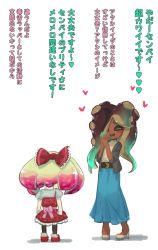 Rule 34 | !, + +, 2girls, alternate costume, aqua hair, back, bad id, bad twitter id, blush, bow, casual, closed eyes, dark-skinned female, dark skin, full body, hair bow, happy, heart, high heels, highres, inkling, kashu (hizake), long hair, mole, mole under mouth, multicolored hair, multiple girls, nail polish, nintendo, octoling, open mouth, own hands together, pearl (splatoon), pink hair, puffy short sleeves, puffy sleeves, purple hair, red bow, short sleeves, simple background, sleeves rolled up, smile, splatoon (series), splatoon 2, symbol-shaped pupils, text focus, translation request, turtleneck, two-tone hair, white background, white hair, yellow eyes