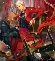 Rule 34 | 1boy, ame (conronca), archer (fate), boots, chair, chest of drawers, curtains, debris, fate/stay night, fate (series), crossed legs, male focus, red eyes, shelf, short hair, sitting, solo, white hair
