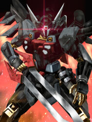 Rule 34 | absurdres, black knight squad shi-ve.a, commentary request, double-blade, embers, feet out of frame, glowing, glowing eye, gundam, gundam seed, gundam seed freedom, highres, holding, holding sword, holding weapon, legs apart, looking at viewer, mecha, mecha focus, mobile suit, nicobear (user rpsz5355), no humans, one-eyed, red eyes, robot, science fiction, solo, standing, sword, weapon