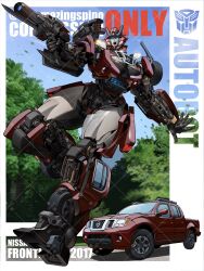 Rule 34 | aiming, autobot, bayonet, blue eyes, blue sky, commission, gun, handgun, highres, holding, holding gun, holding weapon, kamitoge supino, mecha, missile pod, motor vehicle, nissan, nissan frontier, no humans, open mouth, original, pickup truck, robot, science fiction, sky, solo, transformers, tree, truck, twitter username, watermark, weapon