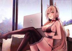 1girl, :3, animal ear fluff, animal ears, applekun, bad id, bad twitter id, bangs, bare arms, bare shoulders, bell, bikini, black bikini, black legwear, blonde hair, blue flower, bow hairband, breasts, cat ears, cat girl, cat tail, cleavage, closed mouth, collar, computer, couch, cushion, day, extra ears, eyebrows behind hair, flower, foot out of frame, frilled bikini, frilled hairband, frills, garters, hair between eyes, hair bobbles, hair ornament, hairband, indoors, jingle bell, knees up, laptop, legs crossed, long hair, low twintails, macbook, maid, midriff, navel, neck bell, no shoes, on couch, purple flower, red collar, sideboob, sidelocks, sitting, solo, striped, swimsuit, tail, thighhighs, twintails, vertical-striped bikini, vertical stripes, very long hair, window, wrist cuffs, xiaoyuan (you can eat the girl), yellow eyes, you can eat the girl