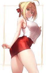 Rule 34 | 1girl, ahoge, ass, bare shoulders, blonde hair, blush, braid, breasts, closed mouth, collared shirt, commentary request, earrings, fate/extra, fate/grand order, fate (series), french braid, green eyes, hair between eyes, hair bun, hair intakes, hair ribbon, highres, jewelry, k pring, large breasts, long hair, looking at viewer, nero claudius (fate), nero claudius (fate) (all), nero claudius (fate/extra), office lady, pencil skirt, red ribbon, red skirt, ribbon, shirt, simple background, single hair bun, skirt, sleeveless, smile, solo, thighs, white background, white shirt