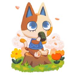 Rule 34 | animal crossing, cherry blossoms, drinking, flower, grass, jebby zhang, looking up, nintendo, purrl (animal crossing), sitting on tree stump, tulip, white background