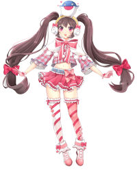 Rule 34 | 1girl, blush, bow, brown hair, dolfini, earmuffs, fashion, gloves, kooh, long hair, low-tied long hair, open mouth, pangya, red eyes, skirt, solo, striped clothes, striped thighhighs, thighhighs, twintails, white background, yeonwa