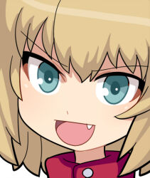 Rule 34 | 1girl, :d, blonde hair, blue eyes, blush, commentary request, fang, girls und panzer, hospital king, katyusha (girls und panzer), looking at viewer, medium bangs, open mouth, portrait, short hair, simple background, smile, solo, v-shaped eyebrows, white background