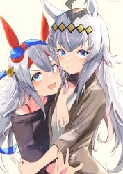Rule 34 | 2girls, alternate costume, blue eyes, blush, casual, commentary request, fang, grey background, hair between eyes, hair ornament, headband, highres, horse girl, looking at viewer, multiple girls, oguri cap (umamusume), open mouth, silver hair, simple background, tamamo cross (umamusume), umamusume