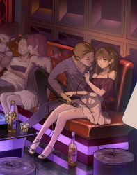 Rule 34 | 2boys, 3girls, bare shoulders, blouse, blush, bottle, couch, cup, drinking glass, glasses, hair bun, holding, holding microphone, indoors, long hair, microphone, multiple boys, multiple girls, music, off-shoulder shirt, off shoulder, original, panties, pink hair, shirt, short hair, singing, single hair bun, skirt, sleeveless, smile, thighhighs, underwear, white legwear, wine bottle, wine glass, yewang19