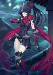 Rule 34 | 1girl, architecture, armor, black bodysuit, black hair, bodysuit, breasts, east asian architecture, fate/grand order, fate (series), full moon, hair ribbon, headpiece, joints, katou danzou (fate), medium breasts, moon, navel, official art, ponytail, red ribbon, red scarf, ribbon, robot joints, rooftop, scarf, solo, star (sky), yangsion, yellow eyes