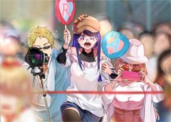 Rule 34 | 1boy, 2girls, aiming, aiming at viewer, black thighhighs, blonde hair, blue shirt, blue skirt, blurry, blurry background, breasts, brown hair, brown headwear, camera, funi mu9, glasses, hand on another&#039;s head, highres, holding, holding camera, holding phone, hoshino ai (oshi no ko), looking at another, looking at viewer, medium breasts, multiple girls, off shoulder, open mouth, oshi no ko, phone, pink skirt, puffy sleeves, purple eyes, purple hair, saitou ichigo, saitou miyako, shirt, skirt, sunglasses, symbol-shaped pupils, taking picture, thighhighs, towel, towel around neck, upper body, white headwear, wide sleeves