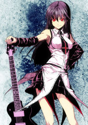 Rule 34 | 1girl, armpits, bare shoulders, belt, black hair, breasts, clenched hand, covered erect nipples, cross, detached sleeves, electric guitar, guitar, hair between eyes, hand on own hip, holding, instrument, long hair, looking at viewer, medium breasts, miniskirt, necktie, original, pleated skirt, red eyes, shima udon, skirt, smile, smirk, solo, standing