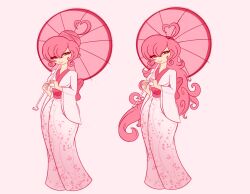 Rule 34 | 1girl, ;), ahoge, floral print, floral print kimono, hair bun, highres, japanese clothes, kimono, limbros, lips, long hair, multiple girls, one eye closed, original, pink background, pink hair, pink kimono, print kimono, red eyes, rhapsody valentine (limbros), see-through clothes, simple background, smile, solo, umbrella, very long hair