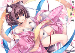 Rule 34 | 1girl, animal ear fluff, animal ears, bell, neck bell, blue eyes, blush, bra, breasts, brown hair, choker, dog ears, dog tail, floral print, furisode, hair bell, hair ornament, highres, japanese clothes, kimono, looking at viewer, nengajou, new year, open clothes, open mouth, original, panties, ryo (botugo), sash, short hair, small breasts, solo, tail, underwear, v, white bra, white panties