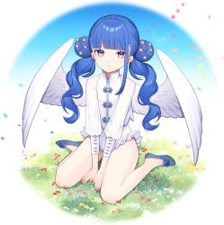 Rule 34 | 1boy, angel wings, blue footwear, blue hair, chinese clothes, closed mouth, double bun, dress, feathered wings, hair bun, konogi nogi, long hair, long sleeves, looking at viewer, male focus, on grass, original, red eyes, shoe flower, shoes, short dress, signature, sitting, solo, trap, twintails, wariza, white dress, white wings, wings