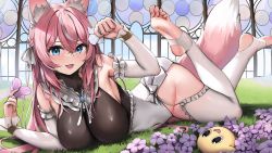 Rule 34 | 1girl, :d, animal ear fluff, animal ears, blue eyes, blush, breasts, covered navel, detached sleeves, dog ears, dog girl, dog tail, feet, feet up, flower, frilled thighhighs, frills, grass, hair between eyes, highres, holding, holding flower, large breasts, leotard, long hair, long sleeves, looking at viewer, multicolored hair, no shoes, open mouth, outdoors, pink hair, purple flower, skai kun, smile, solo, stirrup legwear, streaked hair, tail, thighhighs, toeless legwear, virtual youtuber, vyugen, white hair, white thighhighs, yuniiho (vtuber)