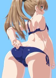 Rule 34 | 1girl, adjusting clothes, aqua eyes, ass, bare arms, bare shoulders, blue background, blue bra, blue panties, bra, breasts, brown hair, butt crack, cowboy shot, dd (ijigendd), from behind, highres, kantai collection, kumano (kancolle), long hair, looking at viewer, looking back, panties, ponytail, side-tie panties, solo, strap slip, underwear, underwear only