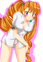 Rule 34 | 1girl, aq interactive, arcana heart, arcana heart 2, atlus, bare legs, bracelet, breasts, cameltoe, closed mouth, cowboy shot, drill hair, examu, facing viewer, hair ornament, hairpin, jewelry, long hair, mouth hold, nanohazuki, no pants, orange hair, outline, panties, petra johanna lagerkvist, pink outline, purple eyes, shirt, simple background, solo, standing, striped clothes, striped panties, twin drills, underwear, very long hair, white background, white shirt