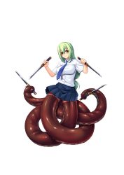 Rule 34 | 1girl, absurdres, aishuu hebiko, blush, breasts, dual wielding, female focus, full body, green hair, highres, holding, kagami hirotaka, large breasts, lilith-soft, long hair, looking at viewer, monster girl, ninja, octopus girl, official art, scylla, shiny clothes, shiny skin, skirt, solo, sword, taimanin (series), taimanin asagi, taimanin rpgx, very long hair, weapon, yellow eyes
