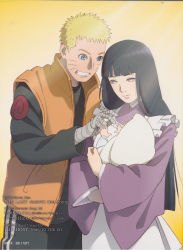 Rule 34 | 1boy, 1girl, apron, baby, bandaged arm, bandages, blonde hair, blue eyes, carrying, couple, gradient background, highres, hime cut, husband and wife, hyuuga hinata, jacket, naruto: the last, naruto (series), official art, open clothes, open jacket, purple eyes, sleeveless, sleeveless jacket, smile, spiked hair, uzumaki boruto, uzumaki naruto, whiskers