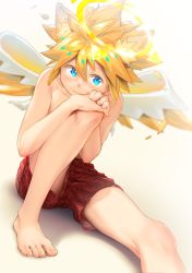 Rule 34 | 1boy, ahonobo, barefoot, blonde hair, blue eyes, checkered clothes, closed mouth, feet, foot out of frame, hair between eyes, halo, hands on own knee, highres, kagamine len, male focus, shadow, short hair, smile, toenails, toes, underwear, vocaloid, wings