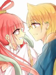 Rule 34 | 1boy, 1girl, ali baba saluja, blonde hair, collar, couple, earrings, eye contact, eyelashes, frilled collar, frilled shirt collar, frills, grin, happy, hetero, jewelry, long hair, looking at another, magi the labyrinth of magic, pink eyes, pink hair, ren kougyoku, short hair, simple background, smile, topknot, very long hair, yellow eyes