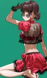 Rule 34 | 1girl, barefoot, bra, braid, brown hair, character request, closed mouth, gloves, green background, hair ribbon, hand up, highres, hoshino me wo tsubutte., lace, lace gloves, looking at viewer, looking back, nagashii kouhei, puffy short sleeves, puffy sleeves, purple eyes, red bra, red ribbon, red skirt, ribbon, round eyewear, short sleeves, simple background, skirt, soles, solo, sunglasses, toes, underwear