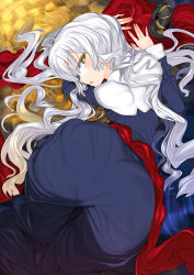 Rule 34 | 1girl, ass, blush, caren hortensia, char, dress, fate/hollow ataraxia, fate/stay night, fate (series), hat, highres, long hair, looking back, pantylines, silver hair, solo, top-down bottom-up, yellow eyes