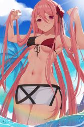 Rule 34 | 1girl, act (xadachit), adjusting hair, alternate costume, bare shoulders, bikini, bikini top only, black ribbon, blue sky, blush, breasts, collarbone, commission, dated commentary, feet out of frame, flower, girls&#039; frontline, hair flower, hair ornament, hair ribbon, hands in hair, highres, long hair, looking at viewer, m82a1 (girls&#039; frontline), medium breasts, multicolored bikini, multicolored clothes, navel, ocean, on water, open mouth, parted lips, pink hair, purple eyes, ribbon, sky, smile, solo, standing, stomach, swimsuit, very long hair, water, wet