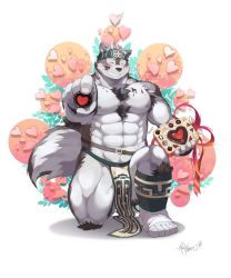 Rule 34 | 1boy, abs, animal ears, bara, bare pectorals, blush, boogbogex, bulge, candy, chocolate, chocolate heart, chocolate on body, chocolate on pectorals, closed eyes, food, food on body, full body, furry, furry male, grey fur, grey hair, headband, heart, highres, horkeu kamui, incoming food, incoming gift, kneeling, large pectorals, male focus, multicolored hair, muscular, nantaimori, navel, nipples, on one knee, pectorals, short hair, solo, tail, thick thighs, thighs, tokyo houkago summoners, two-tone fur, valentine, white fur, wolf boy, wolf ears, wolf tail