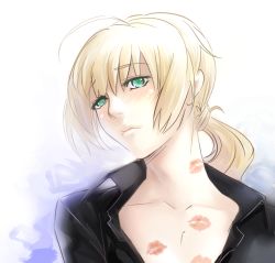 Rule 34 | 1girl, ahoge, androgynous, artoria pendragon (fate), blonde hair, blush, embarrassed, fate/zero, fate (series), formal, green eyes, lipstick mark, ponytail, reverse trap, saber (fate), shirt, unbuttoned