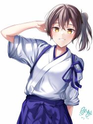 Rule 34 | 1girl, brown eyes, brown hair, hand in own hair, highres, iwabuchi501, japanese clothes, kaga (kancolle), kantai collection, long hair, looking at viewer, side ponytail, simple background, smile, solo, tasuki, tsurime, upper body, white background