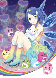 Rule 34 | 1girl, animal, bare shoulders, bird, blue eyes, blue hair, blue wings, boots, commentary request, dress, elbow gloves, fairy wings, flower, gloves, hair ornament, heart, heart hair ornament, holding, holding animal, holding bird, ice skates, knee boots, knees up, looking at viewer, multicolored clothes, multicolored dress, multicolored footwear, open mouth, penguin, pretty rhythm, pretty rhythm rainbow live, pretty series, rainbow, rinne (pretty rhythm), rose, short hair, sitting, skates, smile, solo, strapless, strapless dress, swept bangs, tiara, unya (unya-unya), white flower, white rose, wings