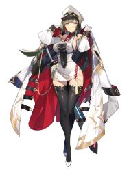 Rule 34 | 1girl, artist request, black thighhighs, blue eyes, breasts, coat, covered navel, crossed ankles, detached sleeves, dress, final gear, flavia (final gear), full body, gloves, green hair, hat, highres, jacket, jacket on shoulders, large breasts, long hair, military, military uniform, official art, parted lips, peaked cap, short dress, side slit, simple background, sleeveless, sleeveless dress, solo, standing, tachi-e, thighhighs, third-party source, transparent background, uniform, very long hair, white coat, white gloves, white hat, white sleeves, zettai ryouiki
