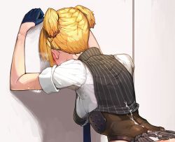 Rule 34 | 1girl, against wall, bad id, bad pixiv id, blonde hair, breasts, corset, cum, cum on body, cum on clothes, cum on upper body, female focus, girls&#039; frontline, gloves, happening18, medium breasts, pinstripe pattern, pinstripe vest, short hair, short twintails, sleeves rolled up, solo, striped clothes, striped vest, sweat, twintails, vest, welrod mkii (girls&#039; frontline)