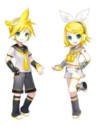 Rule 34 | 1boy, 1girl, aqua eyes, blonde hair, boots, bow, brother and sister, chibi, closed mouth, detached sleeves, full body, hand on own hip, headphones, ixima, kagamine len, kagamine len (vocaloid4), kagamine rin, kagamine rin (vocaloid4), navel, necktie, official art, open mouth, sailor collar, short hair, shorts, siblings, smile, standing, standing on one leg, transparent background, twins, v4x, vocaloid