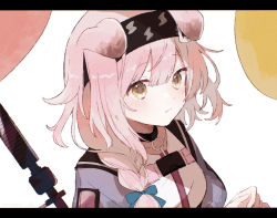 Rule 34 | 1girl, animal ears, arknights, black hairband, blue bow, blue jacket, bow, braid, brown eyes, cat ears, closed mouth, figmnts, goldenglow (arknights), hair between eyes, hair bow, hair over shoulder, hairband, jacket, letterboxed, lightning bolt print, long hair, looking at viewer, open clothes, open jacket, pink hair, print hairband, shirt, simple background, single braid, solo, upper body, white background, white shirt