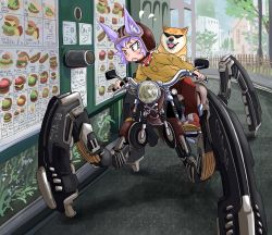 Rule 34 | &gt;:o, 1girl, :o, animal, animal ears, boots, breast pocket, burger, child, clothed animal, collar, commentary request, dog, dog ears, dog girl, doitsuken, driving, ears through headwear, fang, fast food, fence, flying sweatdrops, food, helmet, highres, light purple hair, long sleeves, looking to the side, menu, motorcycle helmet, open mouth, original, pants, pocket, red eyes, red footwear, red pants, road, robot, science fiction, shiba inu, shirt, short hair, sign, sitting, slit pupils, speaker, spiked collar, spikes, street, v-shaped eyebrows, yellow shirt