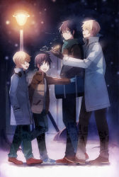 Rule 34 | 10s, 4boys, :d, age difference, aged down, black hair, blonde hair, blue eyes, boku dake ga inai machi, brown eyes, child, coat, commentary request, dual persona, earmuffs, fujinuma satoru, full body, glasses, hand in pocket, height difference, kobayashi kenya, lamp, lantern, light, lights, long sleeves, male focus, multiple boys, open mouth, outdoors, playground, pointing, scarf, short hair, smile, snowing, takerusilt, walking, winter, winter clothes, winter coat