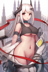 Rule 34 | 1girl, absurdres, arknights, armband, black collar, blush, breasts, chinese commentary, collar, collarbone, commentary request, cowboy shot, crop top, earrings, groin, hammer, highres, horns, jean.organ, jewelry, large breasts, long hair, looking at viewer, mudrock (arknights), navel, parted lips, partial commentary, pointy ears, red eyes, silver hair, solo, sports bra, standing, stomach, thighs, underboob