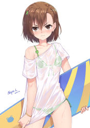 Rule 34 | 1girl, absurdres, bikini, blush, breasts, brown eyes, brown hair, commentary, commentary request, cowboy shot, frog hair ornament, frown, gekota, green bikini, hair between eyes, hair ornament, highres, holding, holding behind back, holding surfboard, looking at viewer, misaka mikoto, neps-l, off shoulder, see-through, shirt, shirt tug, short hair, simple background, small breasts, solo, string bikini, surfboard, swimsuit, toaru kagaku no railgun, toaru majutsu no index, wavy mouth, wet, wet clothes, wet shirt, white background, white shirt