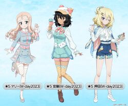Rule 34 | 3girls, :q, alternate hairstyle, andou (girls und panzer), ascot, baseball cap, belt, black eyes, black footwear, black hair, blonde hair, blue background, blue belt, blue dress, blue eyes, blue footwear, blue jacket, blue shorts, blue vest, bow, bowl, brown headwear, brown thighhighs, character name, closed mouth, collared shirt, commentary request, cookie, cross-laced footwear, dark-skinned female, dark skin, dress, drill hair, food, frilled dress, frilled sleeves, frills, girls und panzer, girls und panzer senshadou daisakusen!, green eyes, hair bun, hair ornament, hair up, hairclip, hat, high-waist shorts, high heels, holding, holding bowl, holding food, holding spoon, ice cream, ice cream cone, jacket, jacket on shoulders, leg up, licking, long hair, looking at viewer, marie (girls und panzer), medium hair, messy hair, multiple girls, official alternate costume, official art, one eye closed, oshida (girls und panzer), pink bow, polka dot, polka dot legwear, print thighhighs, puffy shorts, shirt, shoes, short dress, short shorts, shorts, smile, socks, spoon, sprinkles, standing, standing on one leg, star (symbol), suspenders hanging, thighhighs, tongue, tongue out, translated, vest, watermark, white ascot, white day, white footwear, white shirt, white socks, white thighhighs