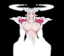 Rule 34 | 1girl, abs, arms at sides, black background, breasts, collarbone, colored eyelashes, di yi xing zian, glowing, hair intakes, horns, large breasts, looking at viewer, monster girl, no nipples, notched ear, original, oversized forearms, oversized limbs, pointy ears, red eyes, white hair