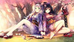 2girls ahoge bad_id bad_pixiv_id barefoot benghuai_xueyuan blue_eyes bow breasts chainsaw cherry_blossoms cleavage closed_mouth cup dango drill_hair floral_print_kimono food geta grass hair_bow highres honkai_(series) japanese_clothes kiana_kaslana kieta kimono long_hair long_sleeves looking_at_viewer medium_breasts mochi multiple_girls obi outdoors pantyhose petals picnic picnic_blanket pink_kimono purple_bow purple_eyes purple_hair purple_kimono raiden_mei sandals sash sitting smile teacup toes tree twin_drills wagashi white_hair white_pantyhose yukata yuri