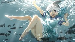 Rule 34 | 10s, 1girl, :d, arm up, bad id, bad twitter id, blue dress, blue eyes, blue hair, bubble, character name, common bottlenose dolphin (kemono friends), dress, fins, fish, grey hair, head fins, highres, in water, kamidana (kemokemokouhoubu), kemono friends, kemono friends 2, looking at viewer, multicolored hair, open mouth, sailor collar, short sleeves, sketch, smile, solo, submerged, white hair