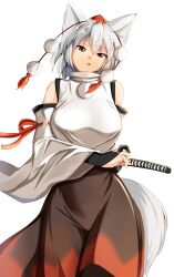 Rule 34 | 1girl, animal ears, bare shoulders, black skirt, breasts, hat, highres, imai kusu, inubashiri momiji, katana, large breasts, looking at viewer, open mouth, pom pom (clothes), red eyes, sheath, sheathed, shirt, short hair, simple background, skirt, solo, sword, tail, tokin hat, touhou, weapon, white background, white hair, white shirt, white sleeves, wolf ears, wolf girl, wolf tail