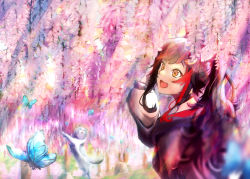 Rule 34 | 1girl, animal ear fluff, animal ears, black hair, black shirt, blue butterfly, blurry, blush, bug, butterfly, cat, flower, hololive, hololive gamers, insect, long hair, mihaeru, multicolored hair, ookami mio, ookami mio (casual), open mouth, ponytail, red hair, shirt, smile, streaked hair, tail, virtual youtuber, wisteria, wolf ears, wolf girl, wolf tail, yellow eyes